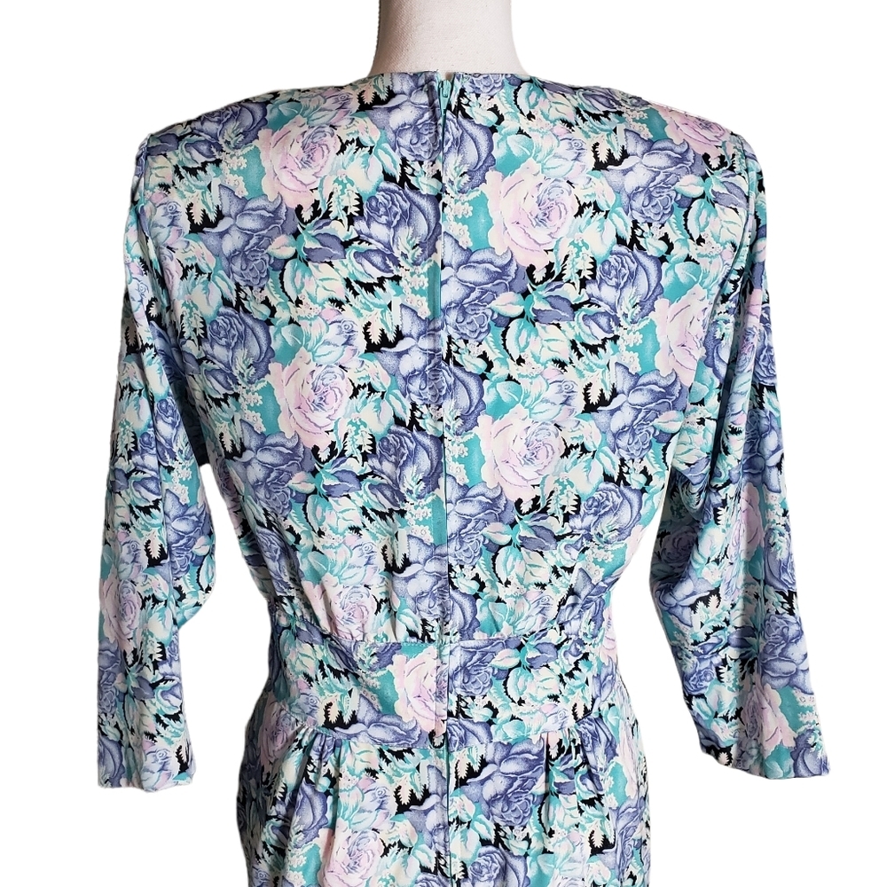 Vintage Alexis Petite Blue Floral Print Midi Dress Womens Size 11-12 Work Church - Picture 5 of 16
